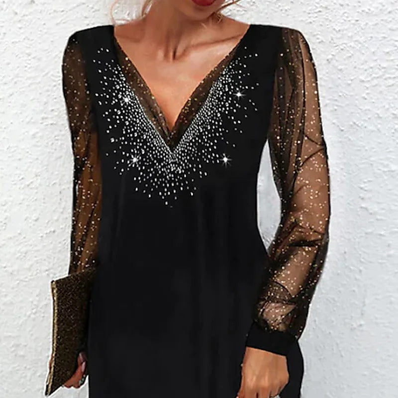 Damen elegantes Abendkleid mit glitzernden Akzenten und transparenten Ärmeln ModeGeist