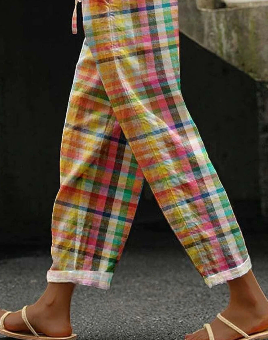 Leichte, karierte Damen-Leinenhose mit Kordelzug im Relaxed Fit von MODEGEIST