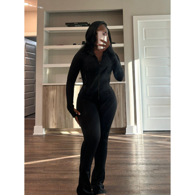 Damen figurbetonender Jumpsuit mit Hochkragen und durchgehendem Reißverschluss ModeGeist