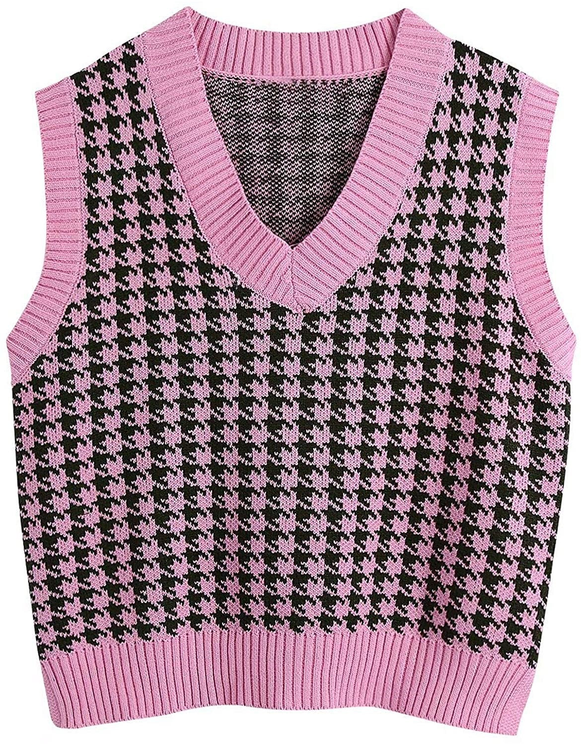 Damen ärmellose Strickweste mit modernem Hahnentrittmuster ModeGeist