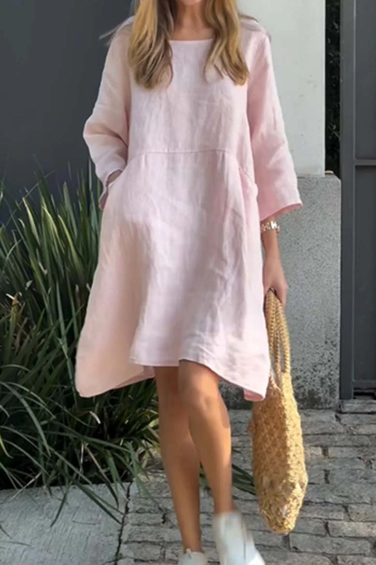 Damen lässiges Leinenkleid mit praktischen Taschen und asymmetrischem Saum ModeGeist