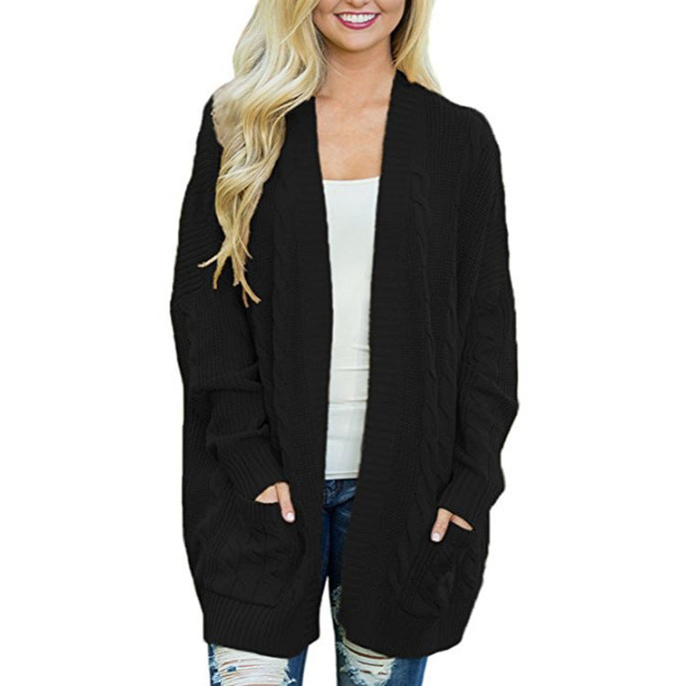 Damen lässige Strickjacke mit Kabelmuster und großzügigen Taschen ModeGeist