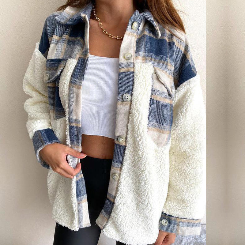 Damen kuschelige Oversize-Fleecejacke mit Karomuster ModeGeist