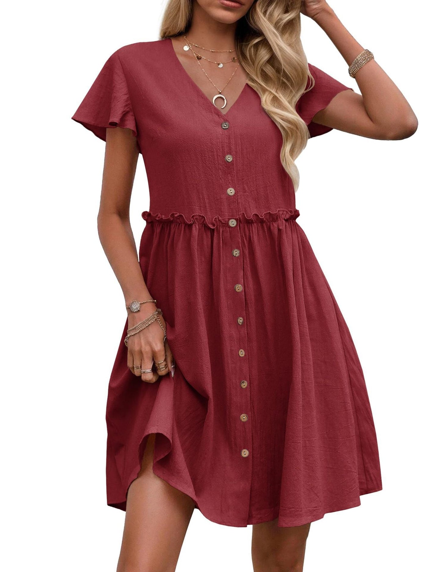 Leichtes Damen-Midi-Kleid mit Knöpfen und Volant von MODEGEIST