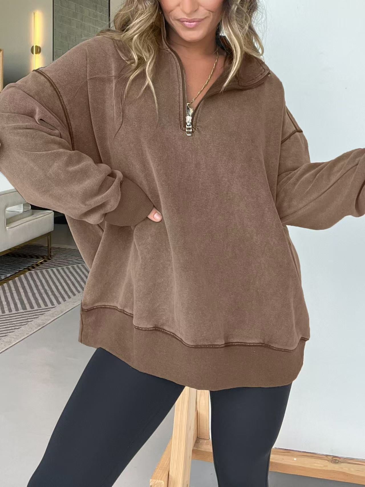 Damen Bequemer Fleece-Pullover mit halbem Reißverschluss ModeGeist