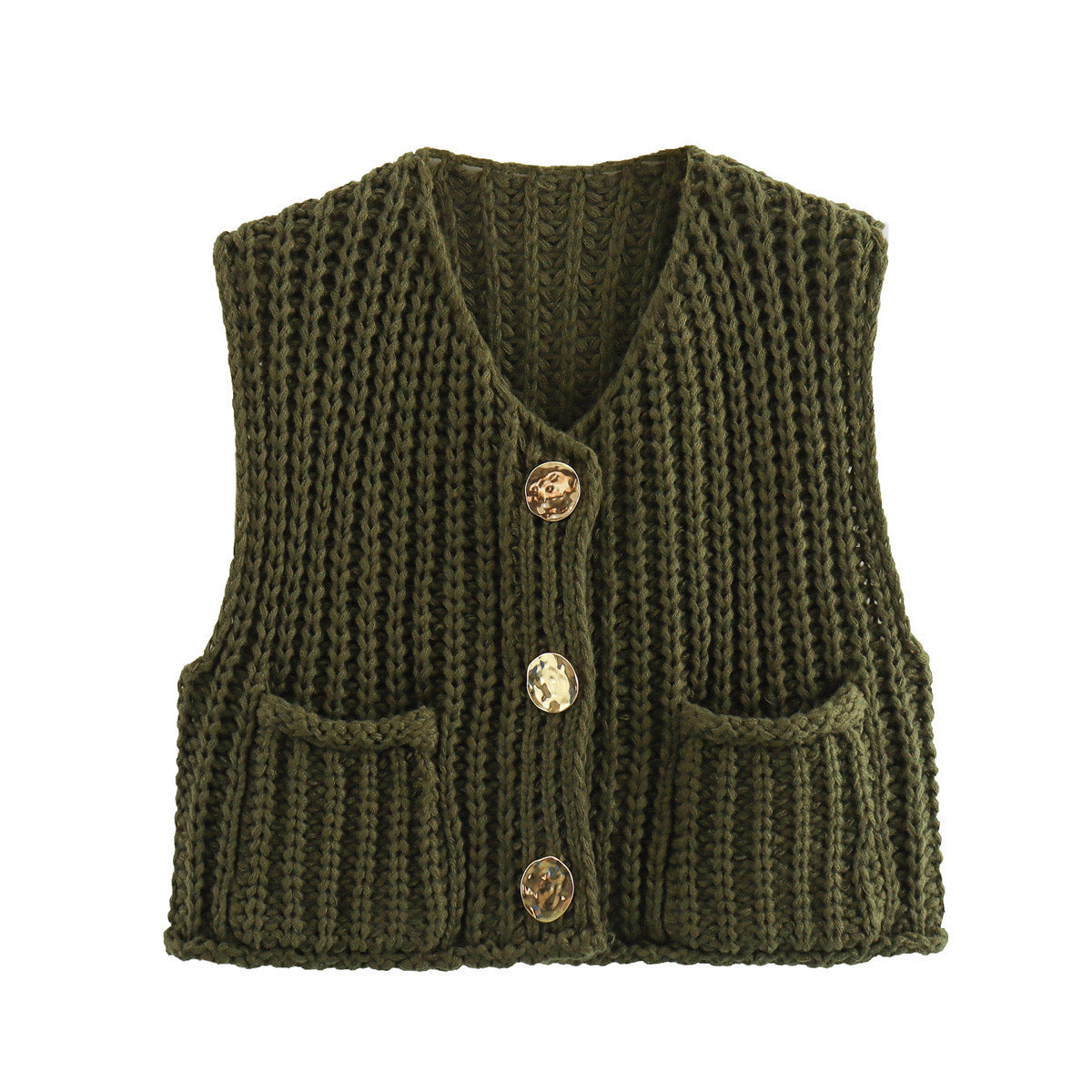 Damen modische Strickweste mit Knopfdetails und aufgesetzten Taschen ModeGeist