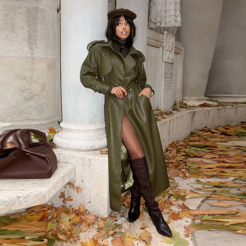 Damen Kunstleder Trenchcoat mit Oberteil und Taillengürtel ModeGeist