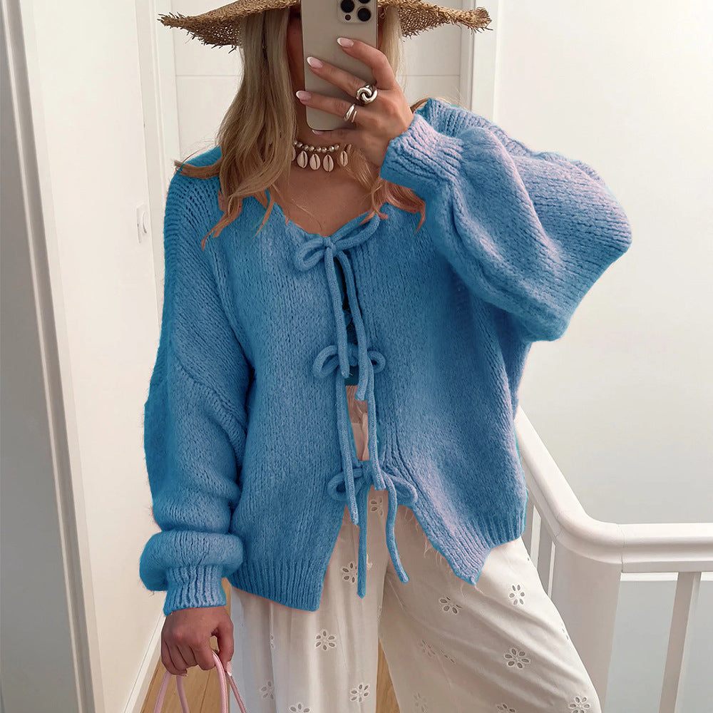 Damen Kuscheliger Strickcardigan mit dekorativen Bindebändern ModeGeist