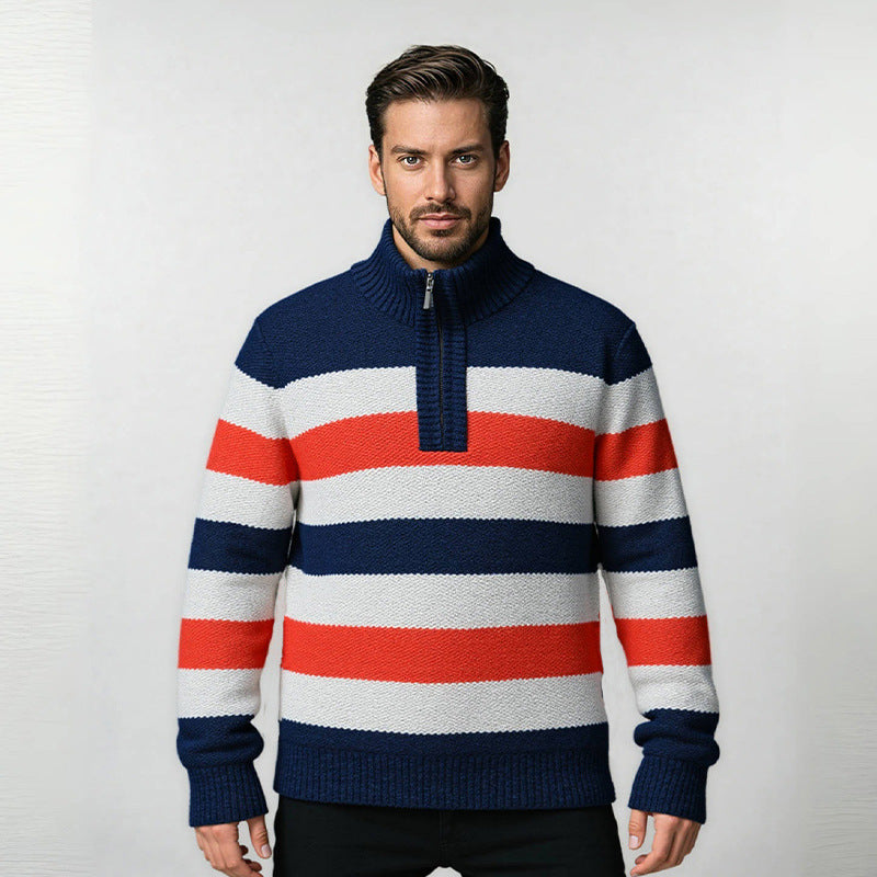 Herren modischer Strickpullover mit halbem Reißverschluss und gestreiftem Design ModeGeist