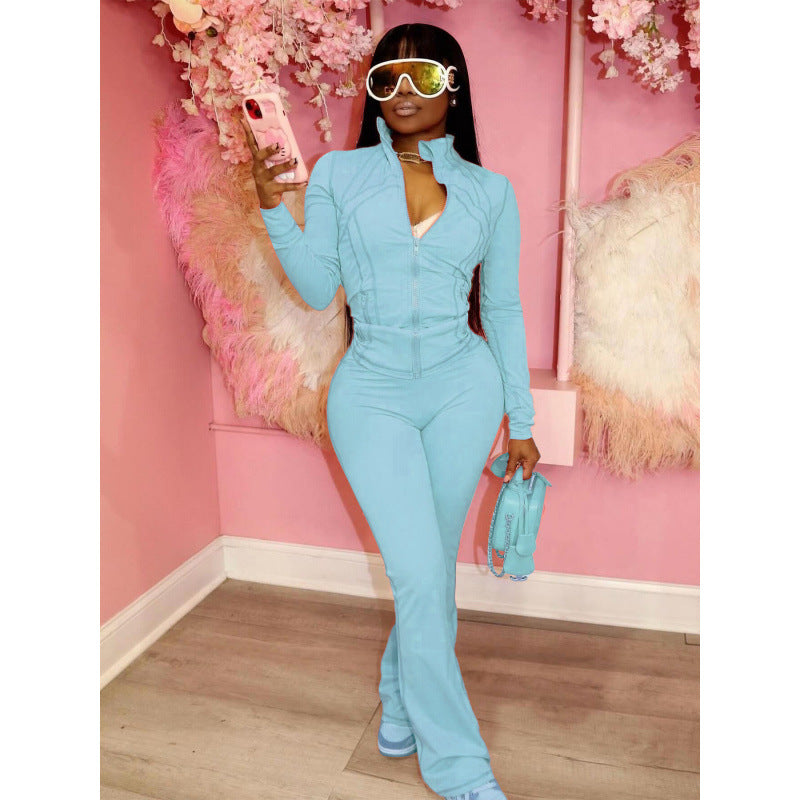Damen figurbetonender Jumpsuit mit Hochkragen und durchgehendem Reißverschluss ModeGeist