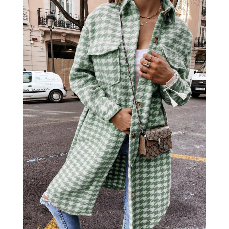 Damen Hahnentritt-Muster Oversized Hemdjacke ModeGeist