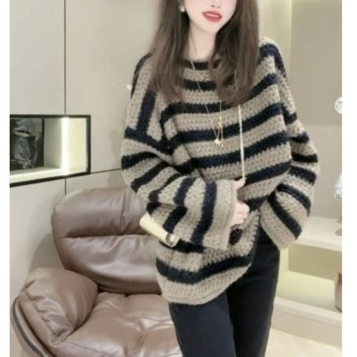 Damen Grobstrickpullover mit lässigem Streifenmuster und voluminösen Ärmeln ModeGeist - ModeGeist