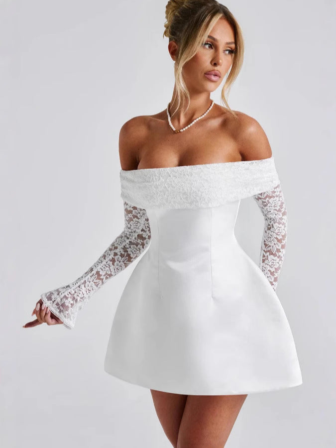 Damen Off-Shoulder Kleid mit floralen Spitzenärmeln und schwingendem Rock ModeGeist