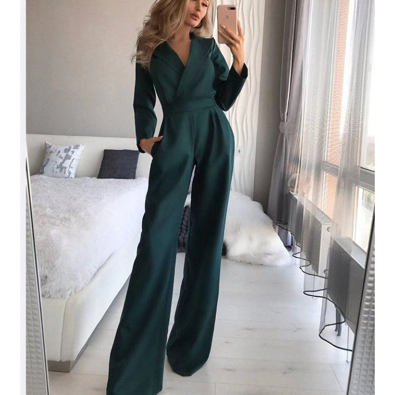 Damen eleganter Jumpsuit mit langem Bein und klassischem Schauspielkragen ModeGeist