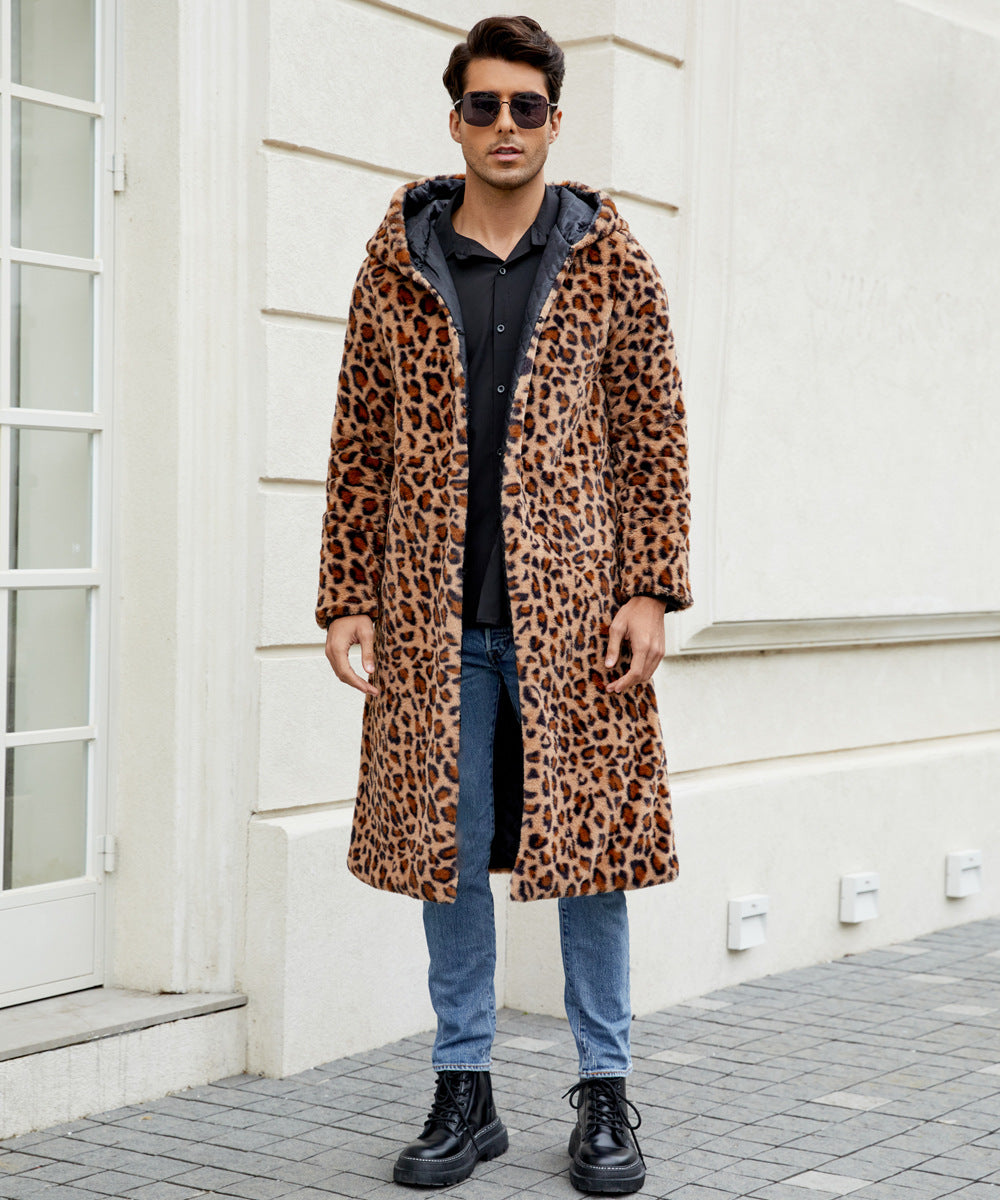 Herren Eleganter Kunstfellmantel mit Leopardenmuster ModeGeist