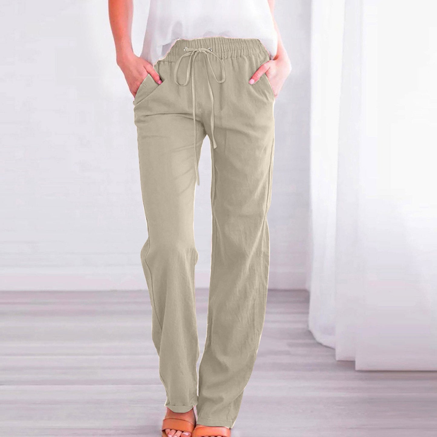 Damen Bequeme Leinen-Hose mit elastischem Bund und Taschen ModeGeist