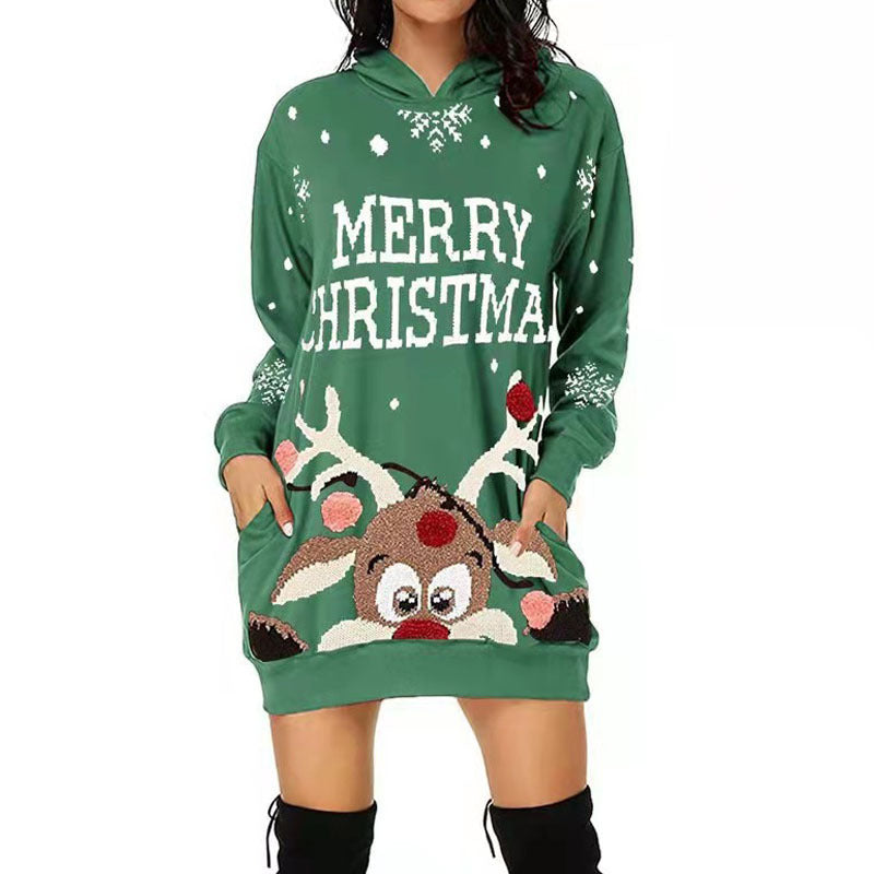 Damen Kapuzenkleid mit niedlichem Rentiermotiv und weihnachtlichem Schriftzug ModeGeist
