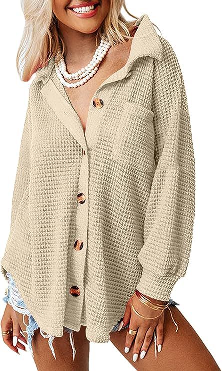 Damen lässige Waffle-Hemdenjacke mit Knopfverschluss ModeGeist