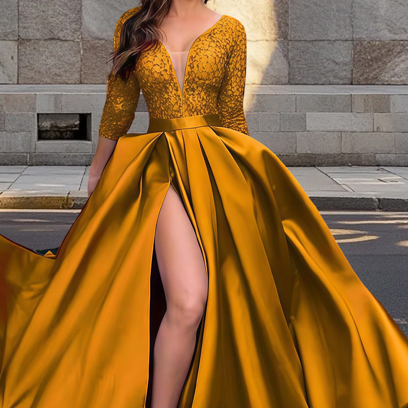 Damen Elegantes Abendkleid mit tiefem V-Ausschnitt und seitlichem Schlitz ModeGeist
