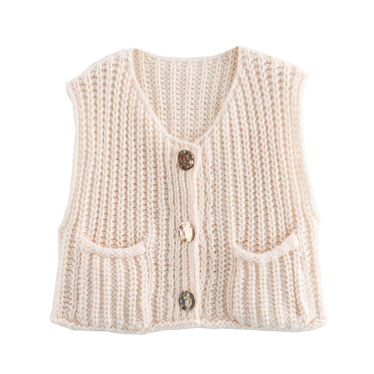 Damen modische Strickweste mit Knopfdetails und aufgesetzten Taschen ModeGeist