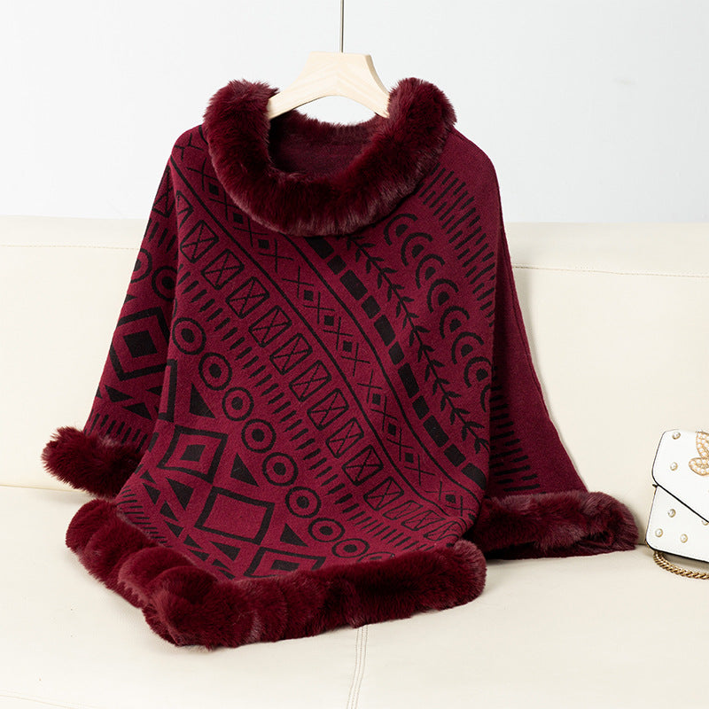 Damen modischer Poncho mit dekorativem Kunstfellkragen ModeGeist