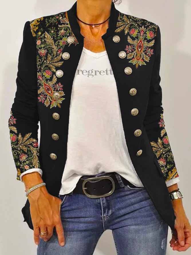 Damen Elegante Blazerjacke mit floralem Stickdesign und kontrastierenden Knöpfen ModeGeist