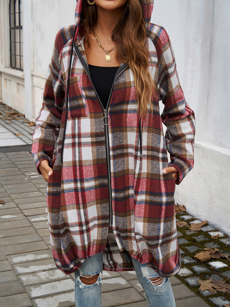 ModeGeist | Kontrast Karo Reißverschluss Kapuzenlange Jacke