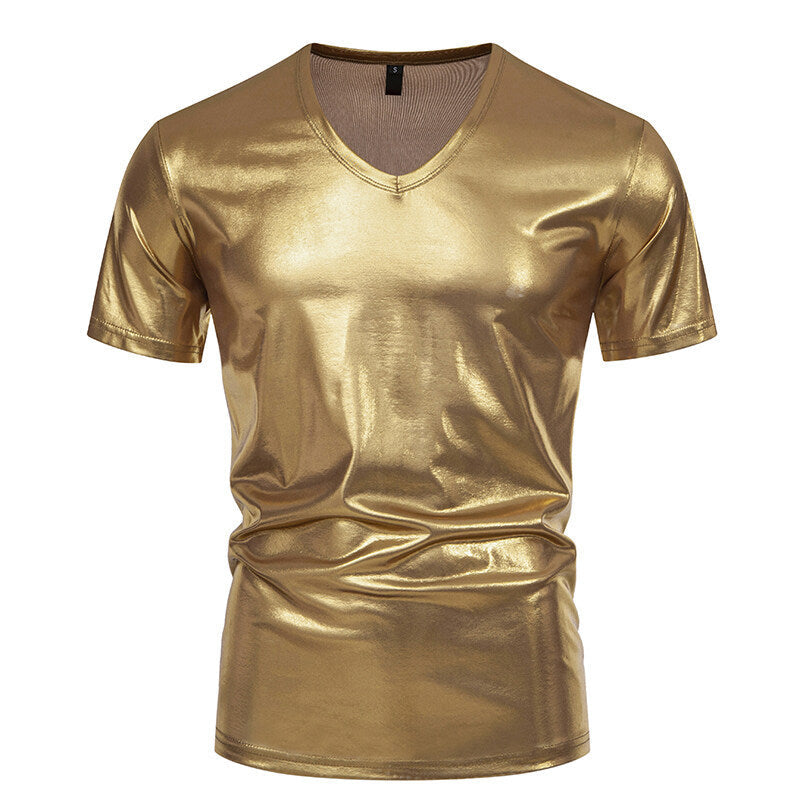 Herren V-Ausschnitt T-Shirt aus glänzendem Material mit persönlichem Stil ModeGeist
