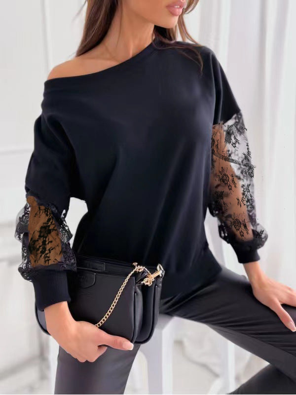 Damen eleganter Pullover mit transparenten Spitzenärmeln und asymmetrischem Ausschnitt ModeGeist