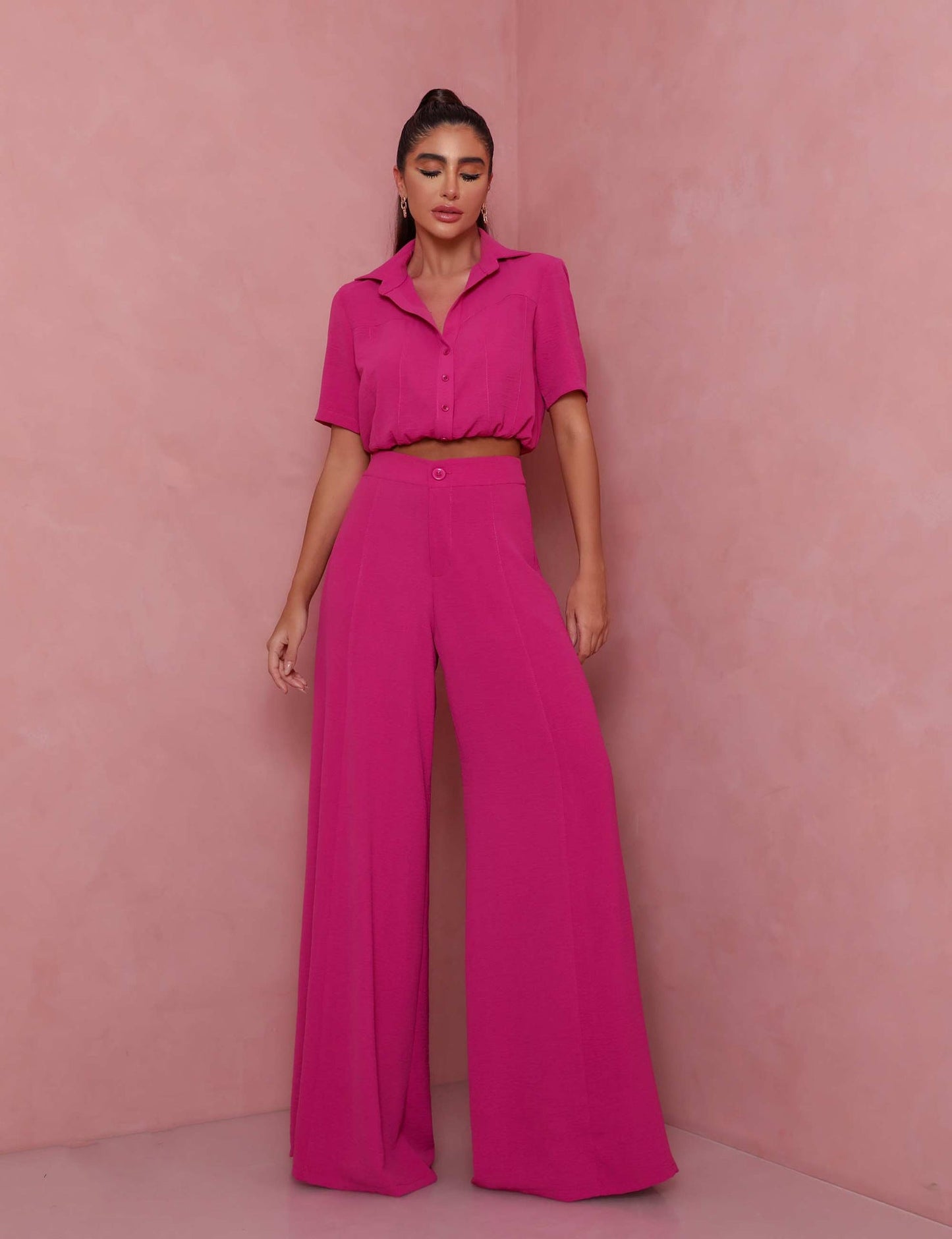 Damen Elegantes Kurzarm-Blusen und Palazzo-Hosen-Ensemble ModeGeist