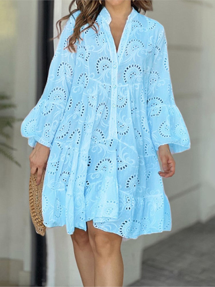 MODEGEIST Damen Mini-Kleid Gestuft Stickerei Ballonärmel Sommer