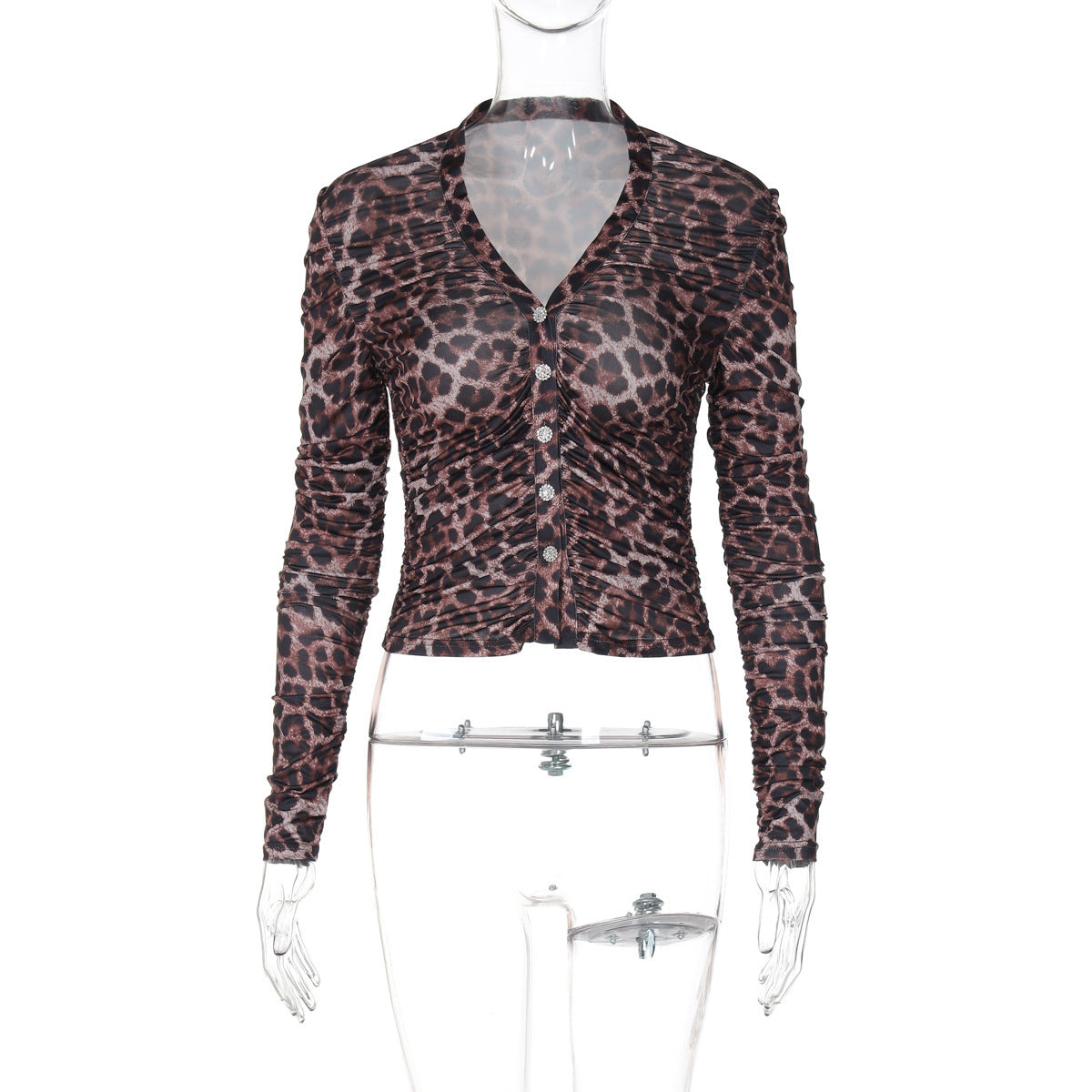 Figurbetontes Leo-Cardigan für Damen mit Knopfleiste und Rüschen – MODEGEIST