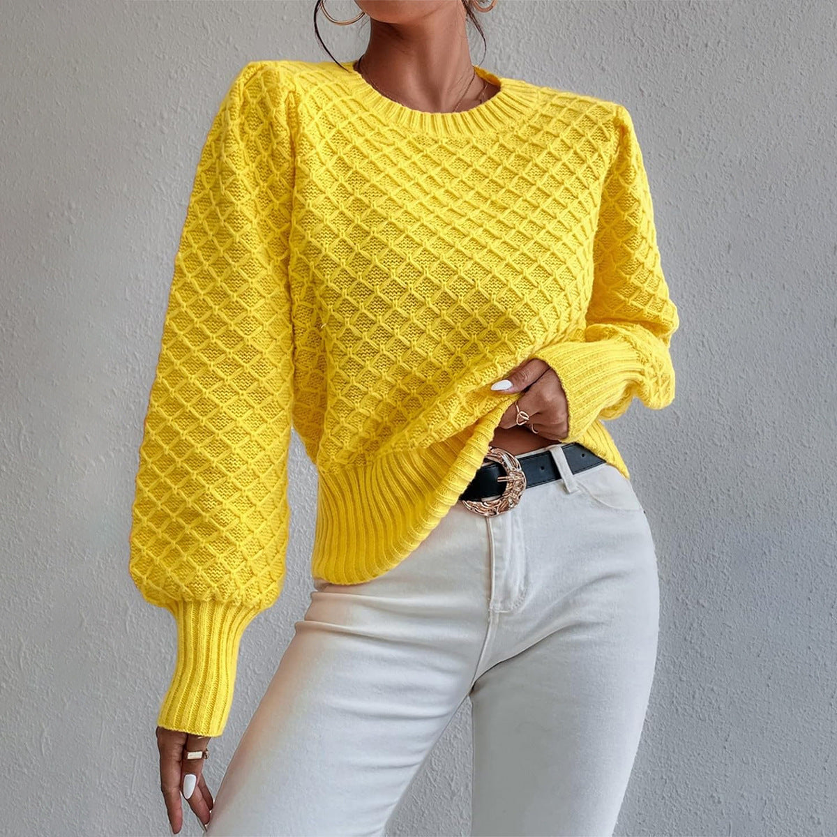 ModeGeist | Pullover Sweatshirt Wollmischung Relaxed Fit Gestepptes Muster Rundhalsausschnitt