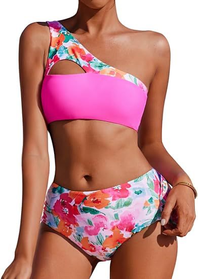 Moderner Damen-Bikini mit asymmetrischem Schnitt und Blumenapplikationen