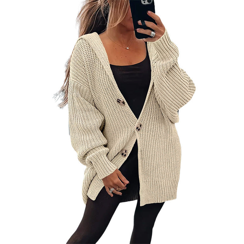 Damen Grobstrickjacke mit übergroßem Schnitt und eleganten Holzknöpfen ModeGeist
