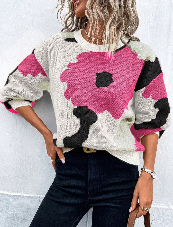 ModeGeist | Pullover Pullover Strickstoff Lockere Passform Rundhals Ballonärmel Gemustert