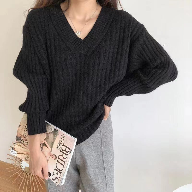 Damen Viskose-Strickpullover mit V-Ausschnitt und geripptem Design ModeGeist