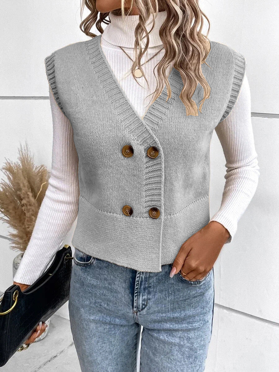 Damen Strickweste mit doppelter Knopfleiste und stylischem V-Ausschnitt ModeGeist