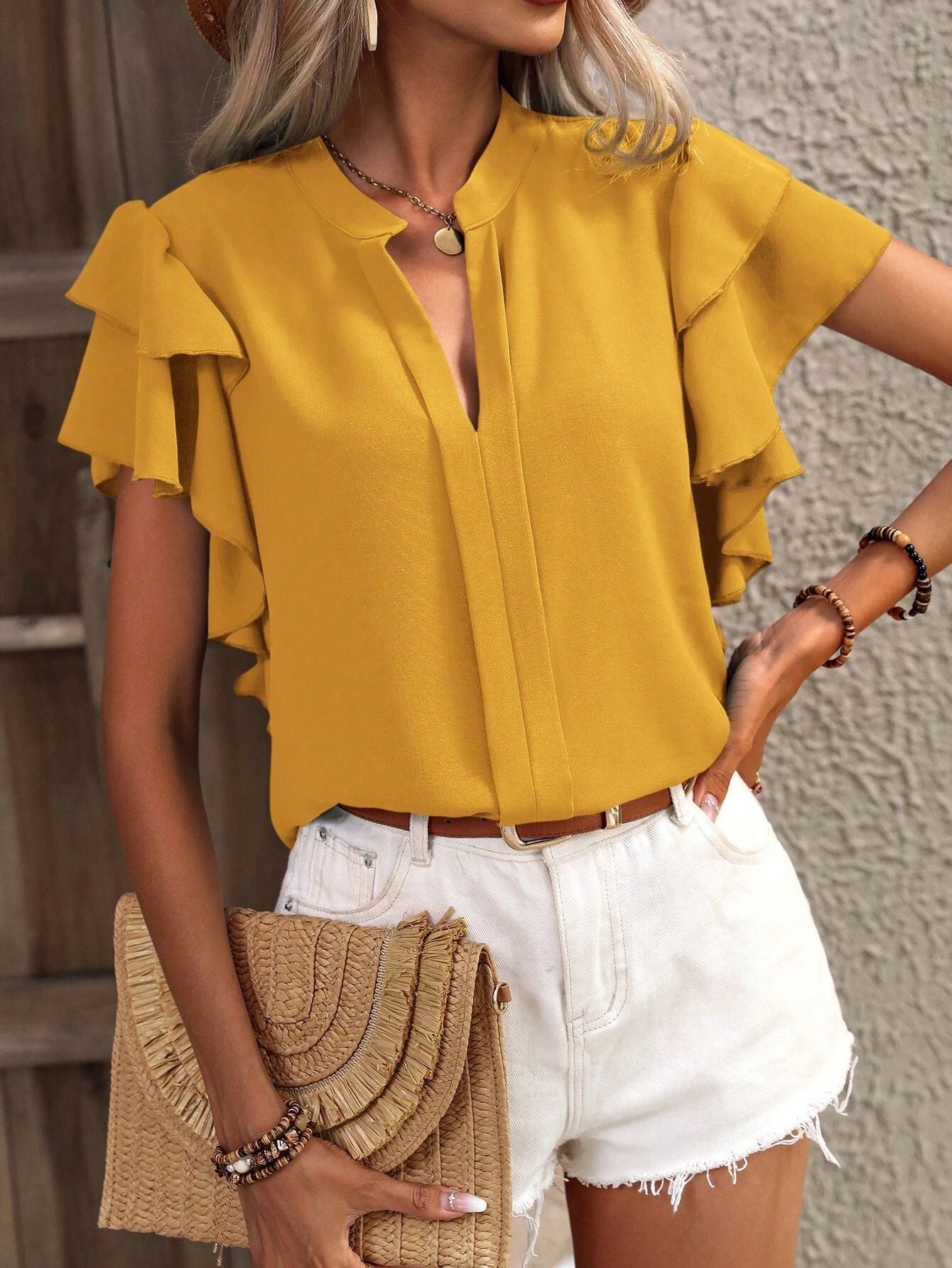 Damen Bluse mit Volants und V-Ausschnitt ModeGeist
