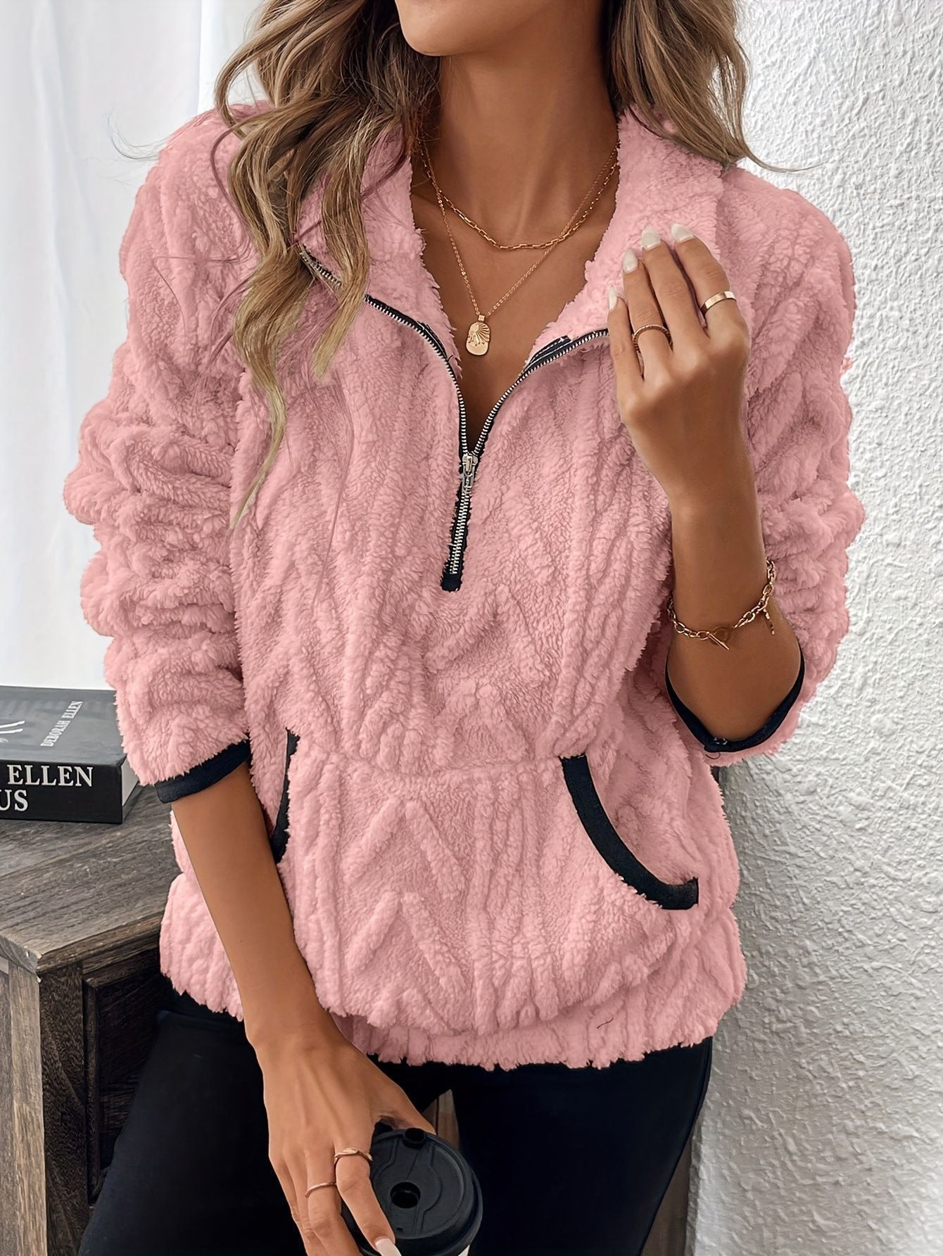 Damen weicher und bequemer Fleece-Pullover mit halbem Reißverschluss ModeGeist