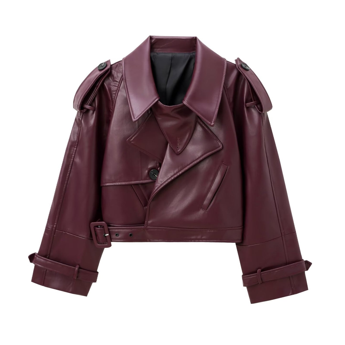 Damen Modische Kunstlederjacke mit tailliertem Schnitt und oversized Kragen ModeGeist