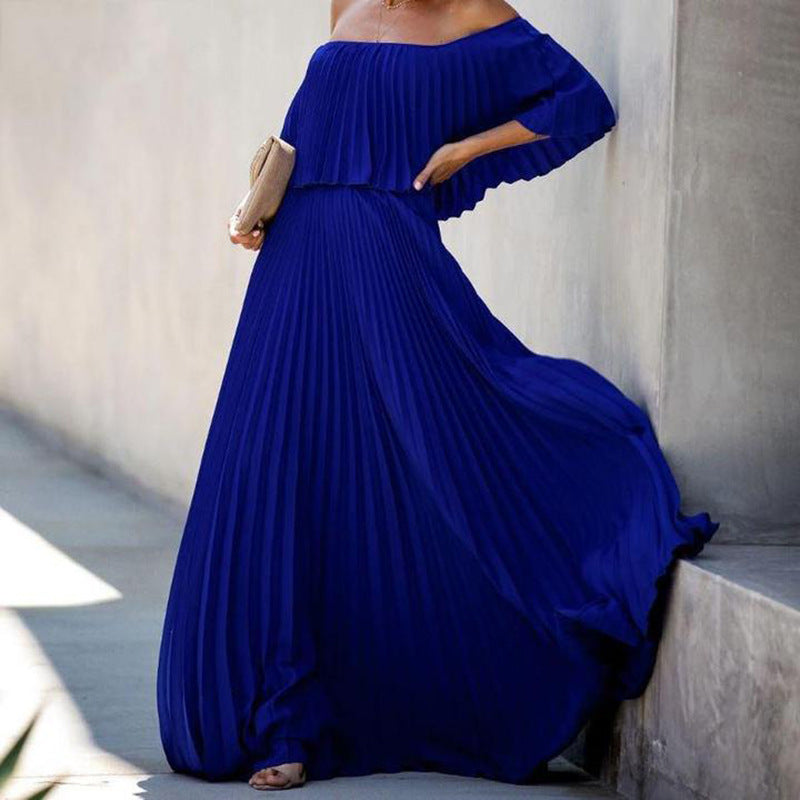 Damen Maxikleid mit asymmetrischem Plisseefall und schulterfreiem Design ModeGeist