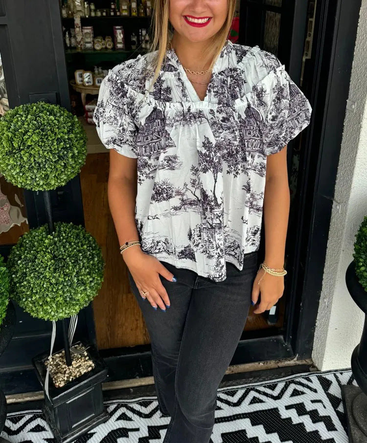 Modische Damen Vintage Baumwollbluse mit grafischem Druck