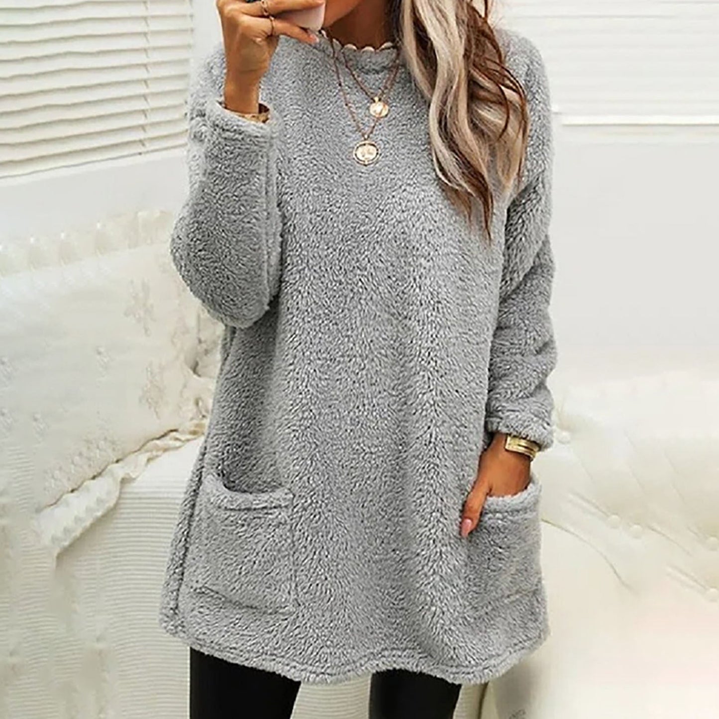 Damen Kuscheliger Fleece-Pullover mit praktischen Taschen und weitem Schnitt ModeGeist