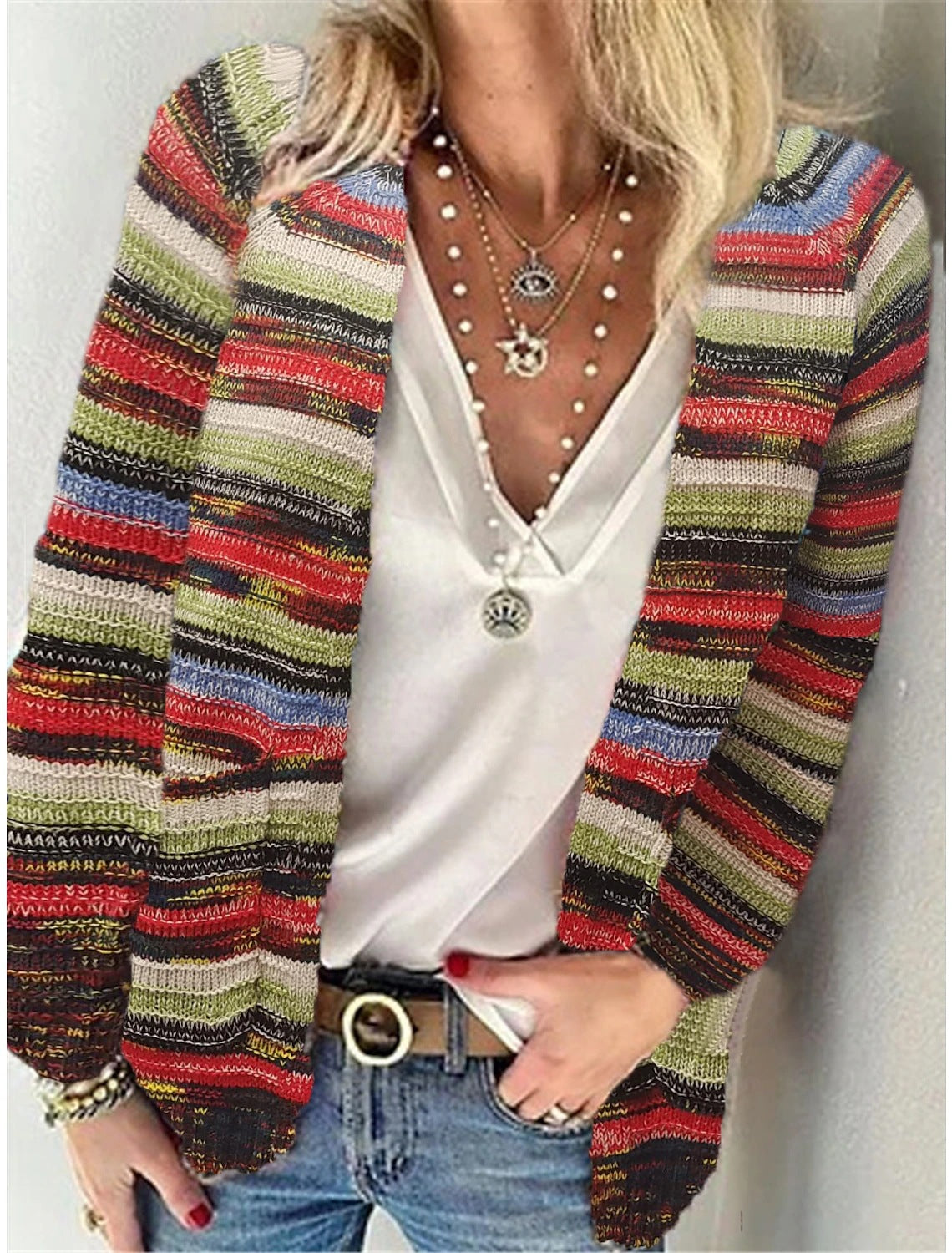 Damen Offen gestrickte Cardigan mit bunten Streifen und lässigem Schnitt ModeGeist