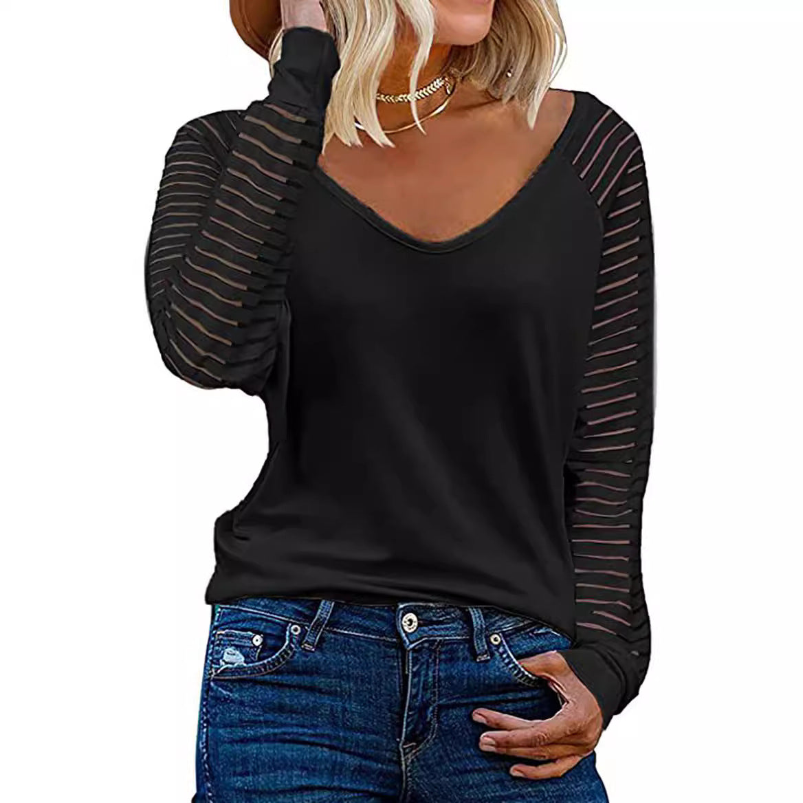 Damen Langärmliges V-Ausschnitt Shirt mit gestreiften Ärmeln ModeGeist