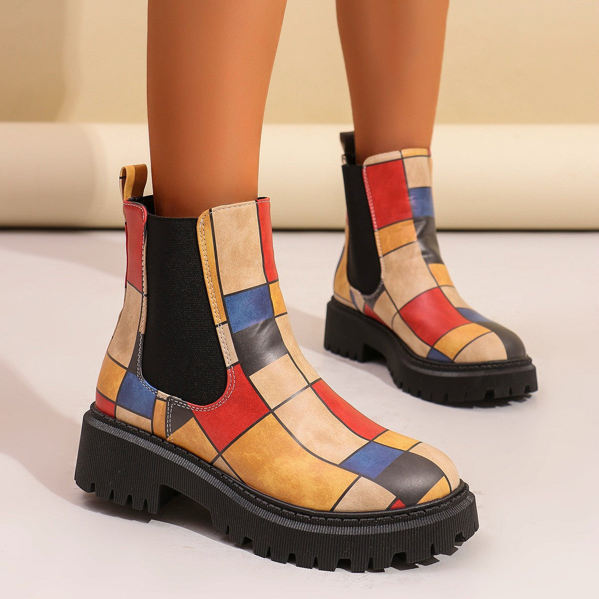Damen Chelsea-Stiefel mit kreativem Musterdruck und rutschfester Sohle ModeGeist
