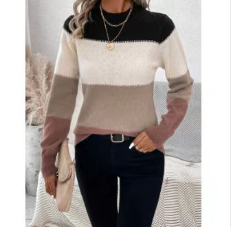 Damen Rundhals Strickpullover mit modernen Farbkombinationen ModeGeist