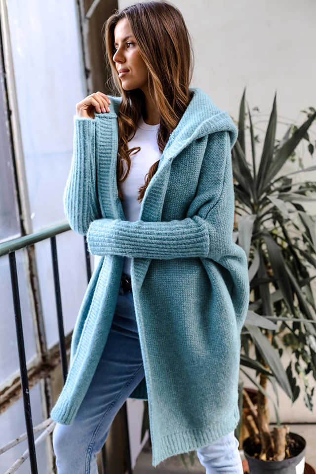 Damen kuschelige Strickjacke mit Kapuze und offenem Schnitt ModeGeist