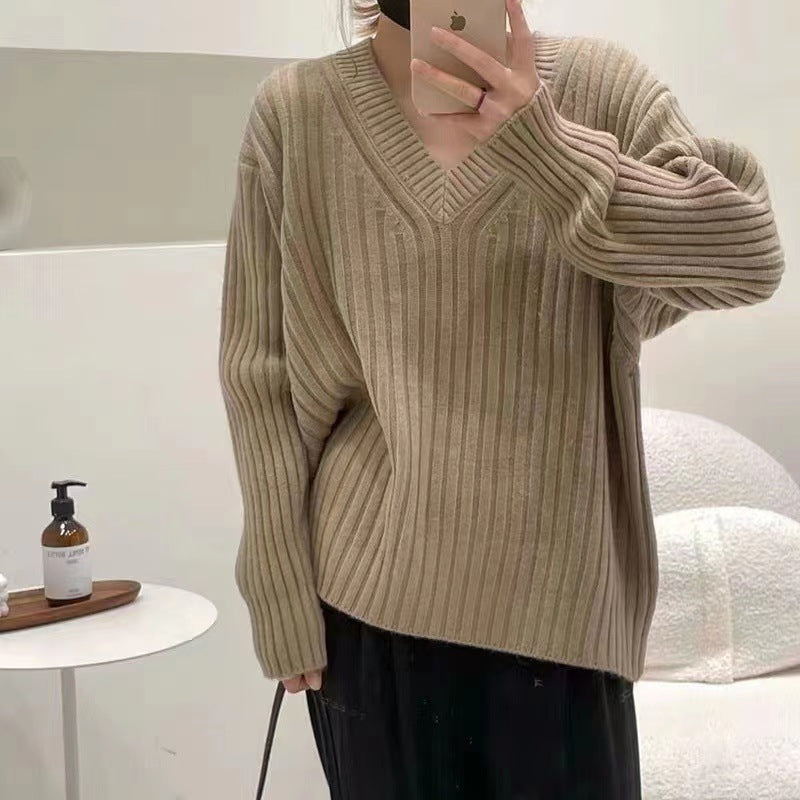 Damen Viskose-Strickpullover mit V-Ausschnitt und geripptem Design ModeGeist